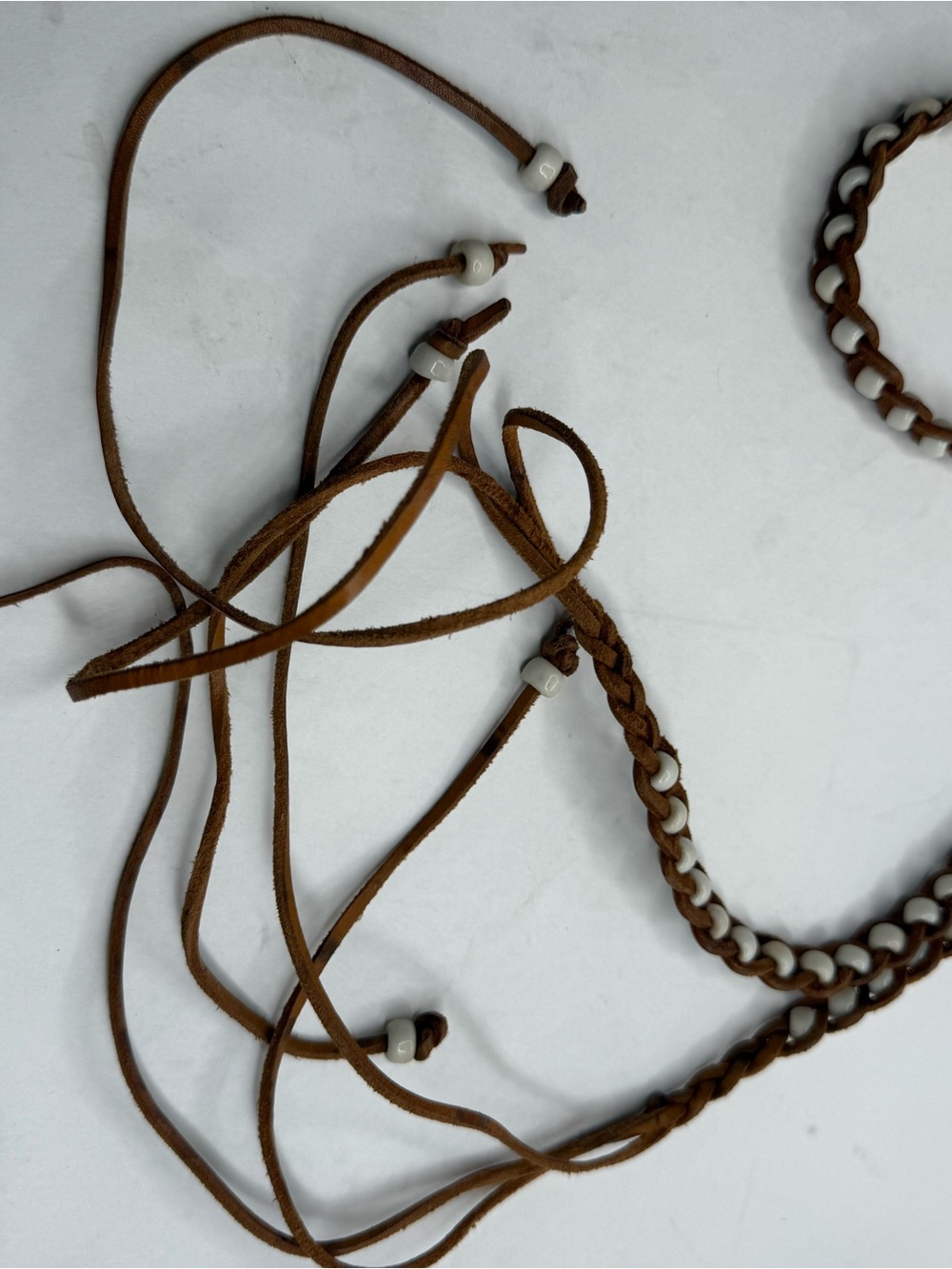 Brown Boho Leather belt White Beads - Picture 2 of 4